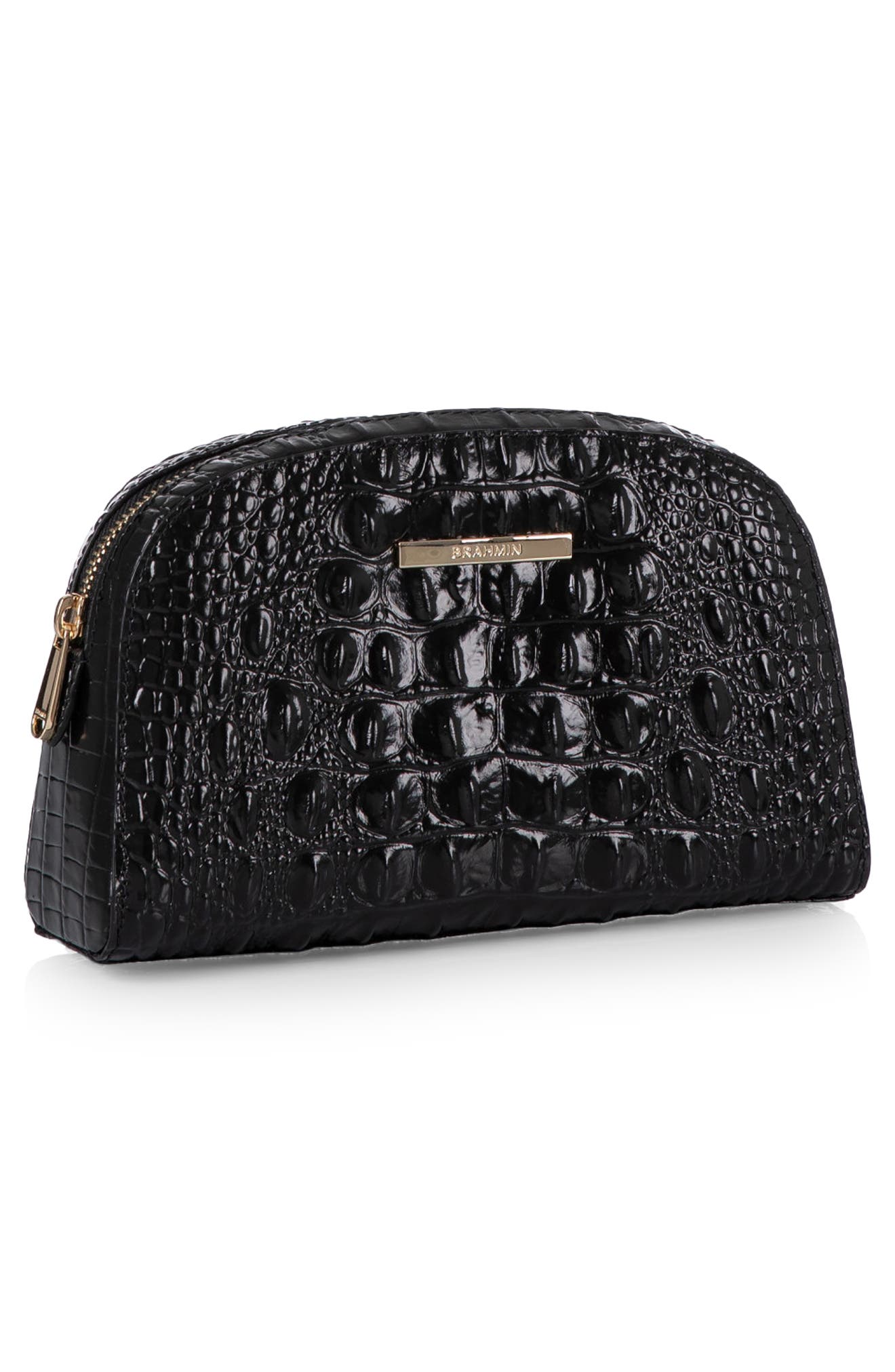 Dany Croc Embossed Leather Cosmetics Pouch, Alternate, color, BLACK