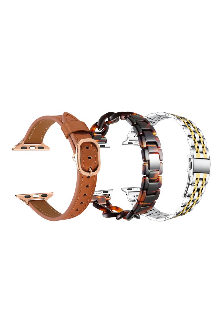 Set of 3 Apple Watch® Watchbands, Main, color, BROWN/ METTALIC BROWN/ SILVER