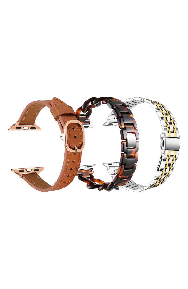 The Posh Tech Set of 3 Apple Watch<sup>®</sup> Watchbands, Main, color, Brown/ Mettalic Brown/ Silver