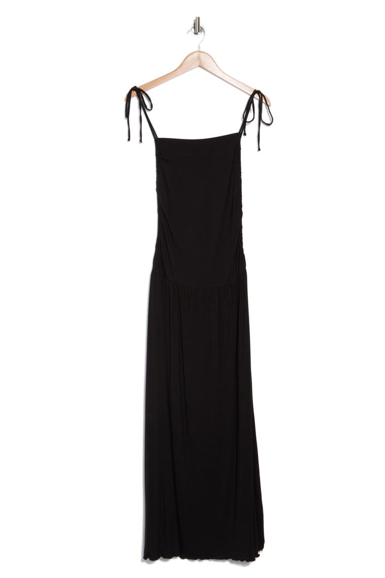 Tie Strap Ruched Fit & Flare Midi Dress, Alternate, color, BLACK