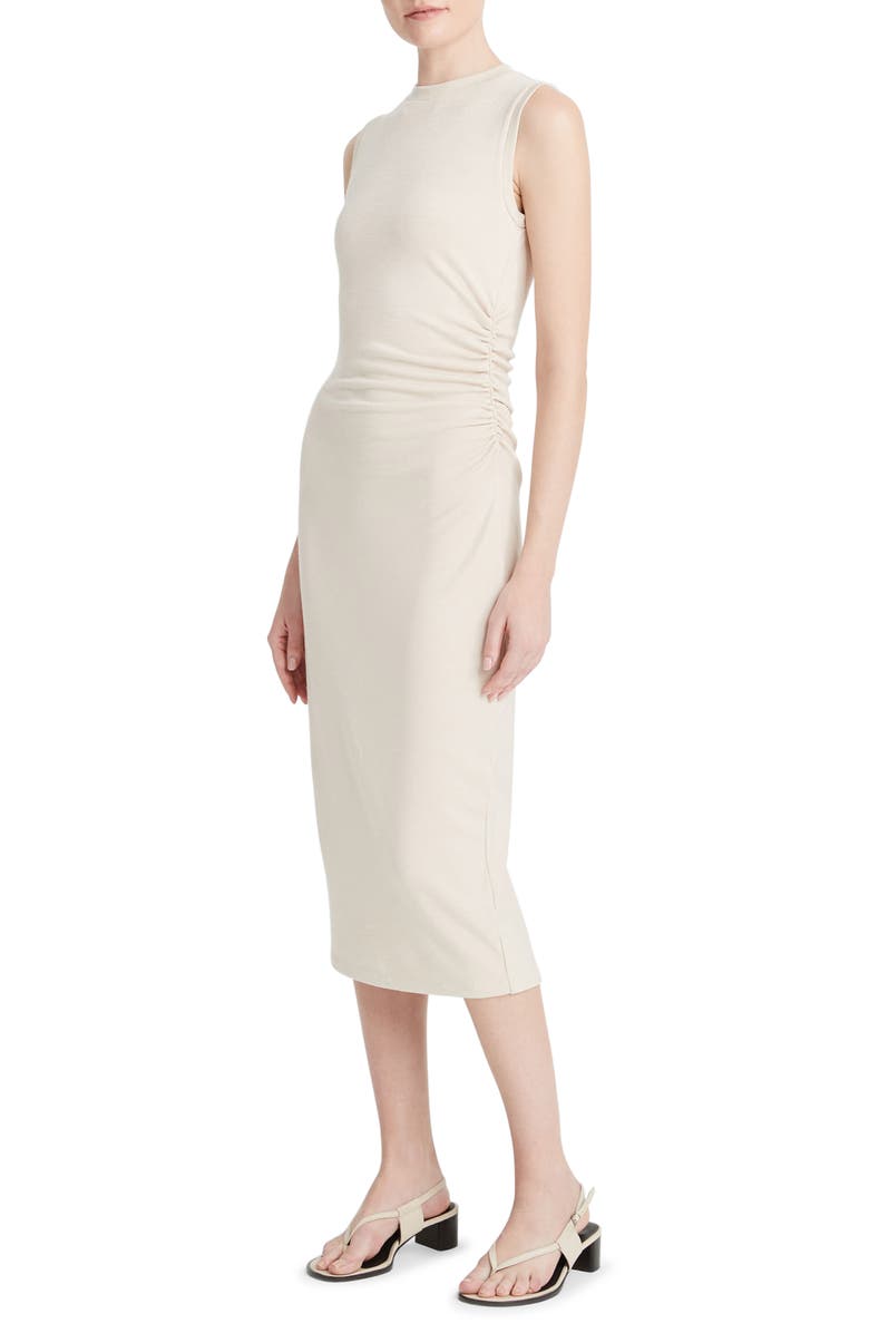 Vince Side Ruched Sleeveless Knit Midi Dress, Alternate, color, Pale Fawn