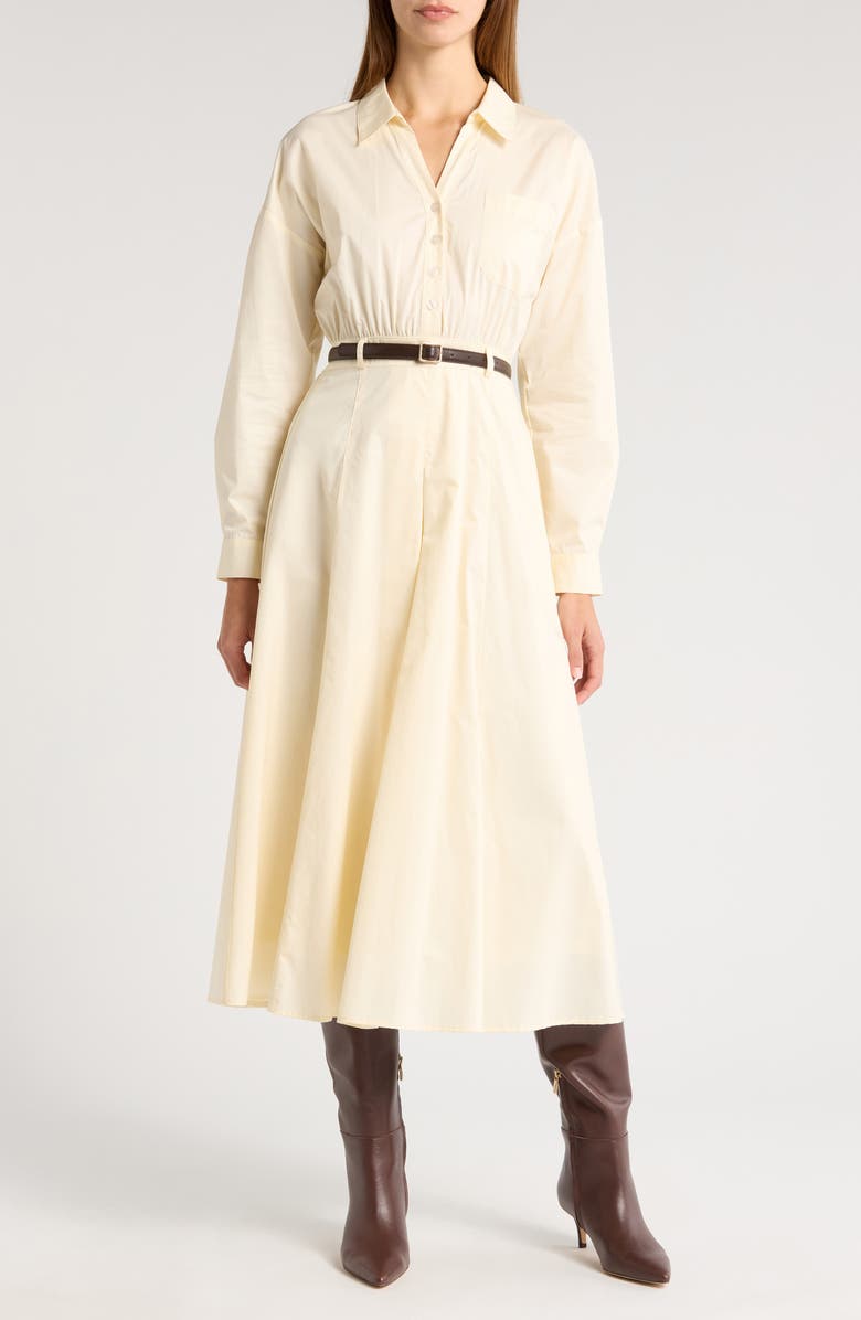 ZOE AND CLAIRE Long Sleeve Belted Midi Shirtdress, Main, color, Ecru