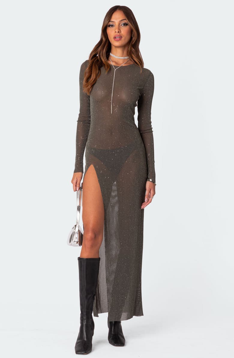 EDIKTED Glitter Side Slit Long Sleeve Mesh Maxi Dress, Alternate, color, Olive