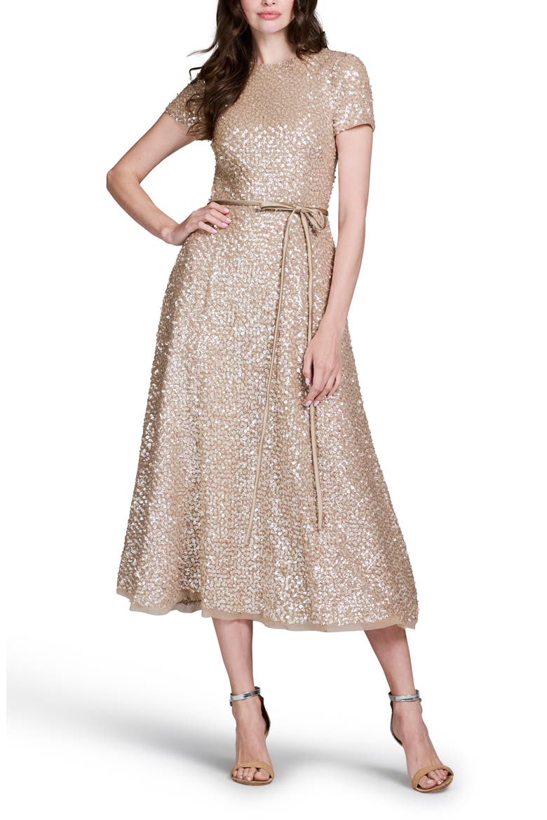 Sequin Encrusted Translucent Tie Waist Cocktail Dress, Alternate, color, SUNTAN