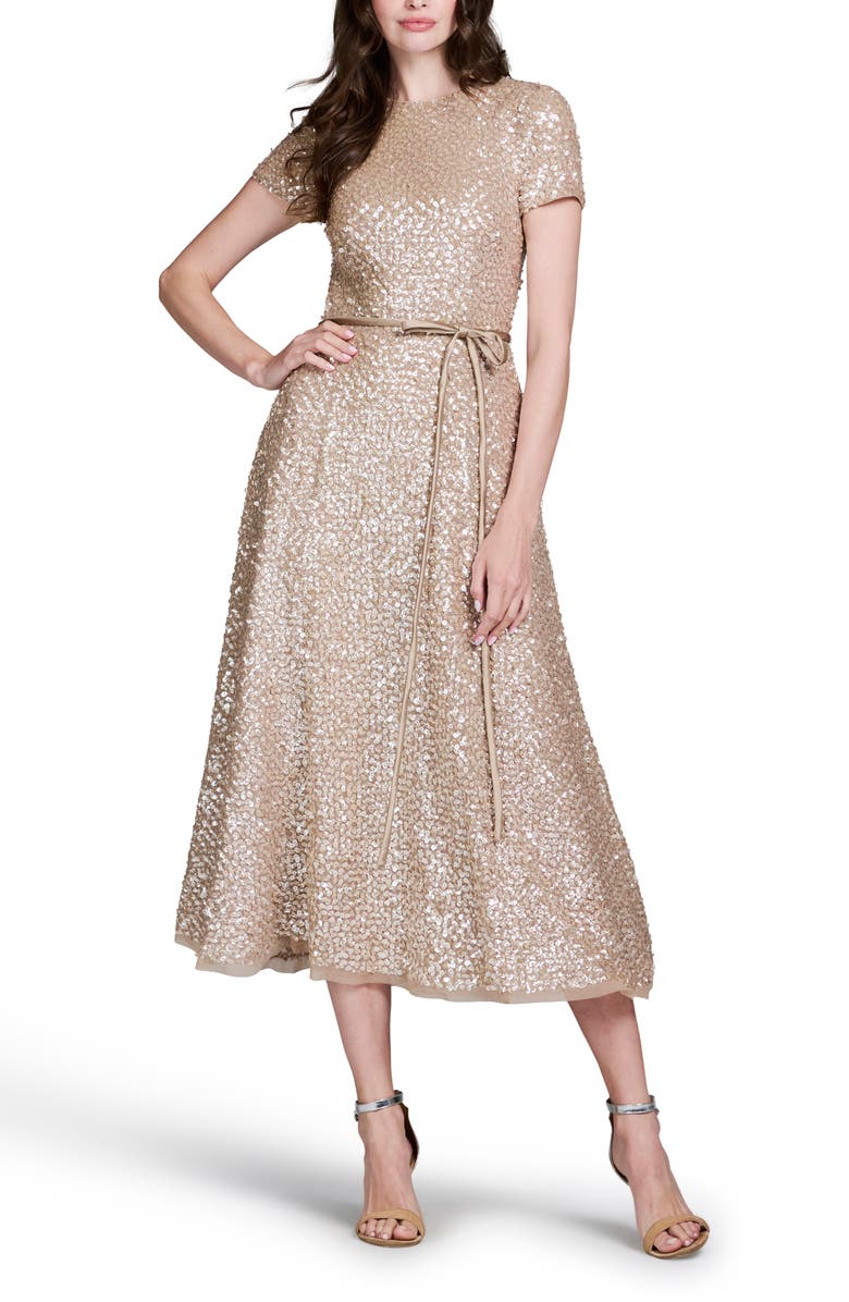 EMILY SHALANT Sequin Encrusted Translucent Tie Waist Cocktail Dress, Alternate, color, 