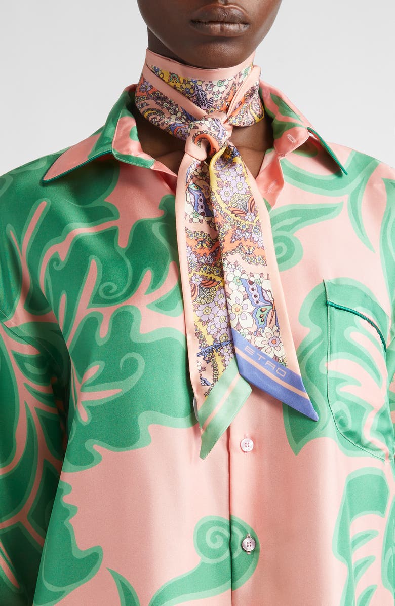 Etro Floral Paisley Skinny Silk Scarf, Alternate, color, Pink 11