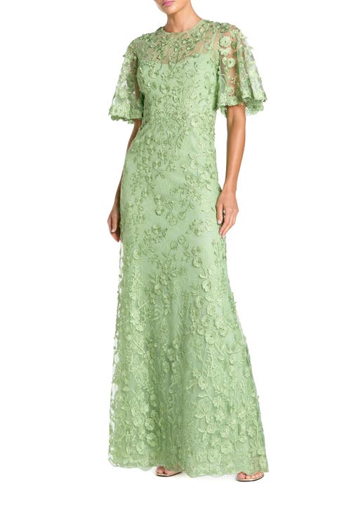 Women's Flutter Sleeve Floral Emboridered Net Gown