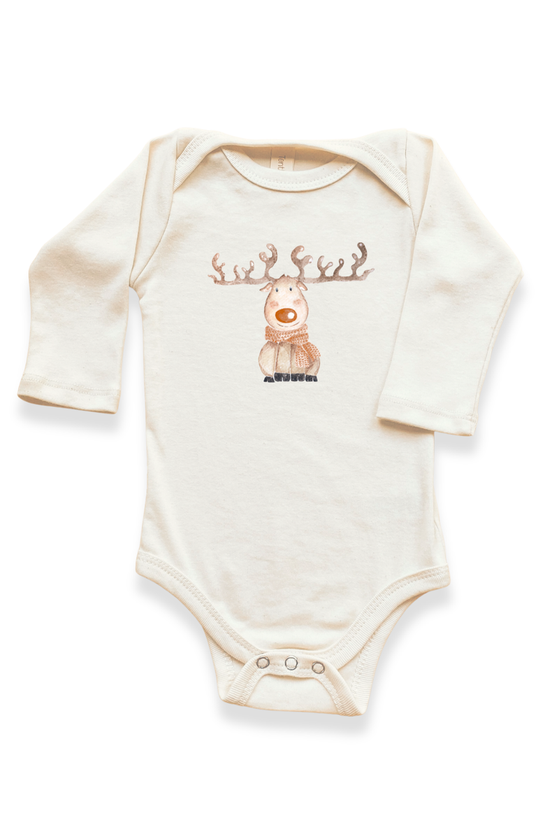 Tenth & Pine Reindeer - Organic Long Sleeve Baby Bodysuit, Main, color, Natural Red Lettering