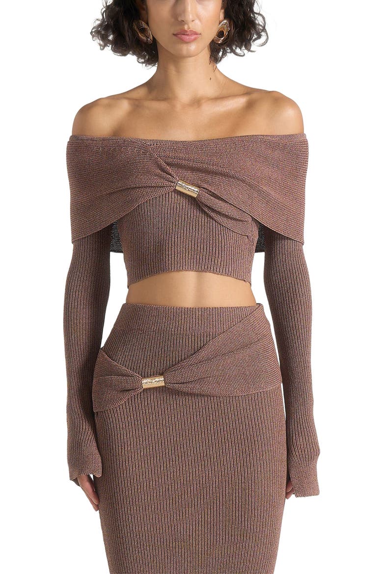 Shana Asymmetric Bardot Top With Hardware Detail, Alternate, color, Taupe