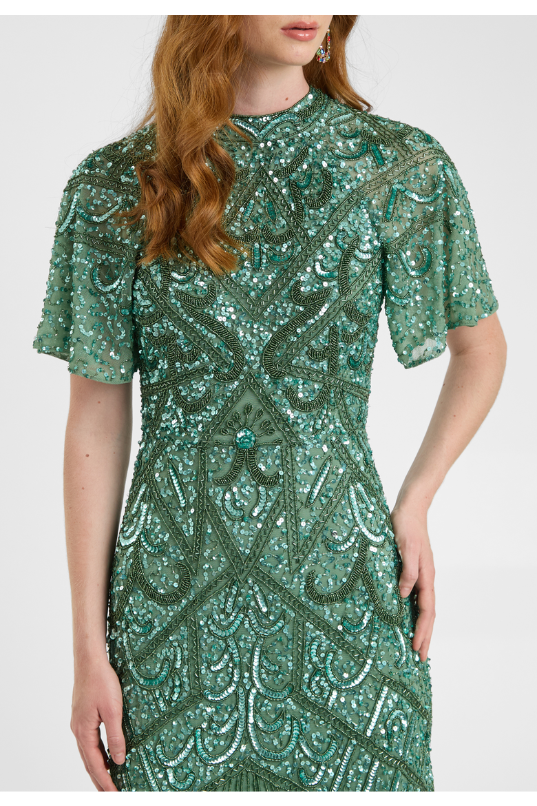 Embellished Sequin Beaded With Short Flutter Sleeves Maxi Dress, Alternate, color, GREEN