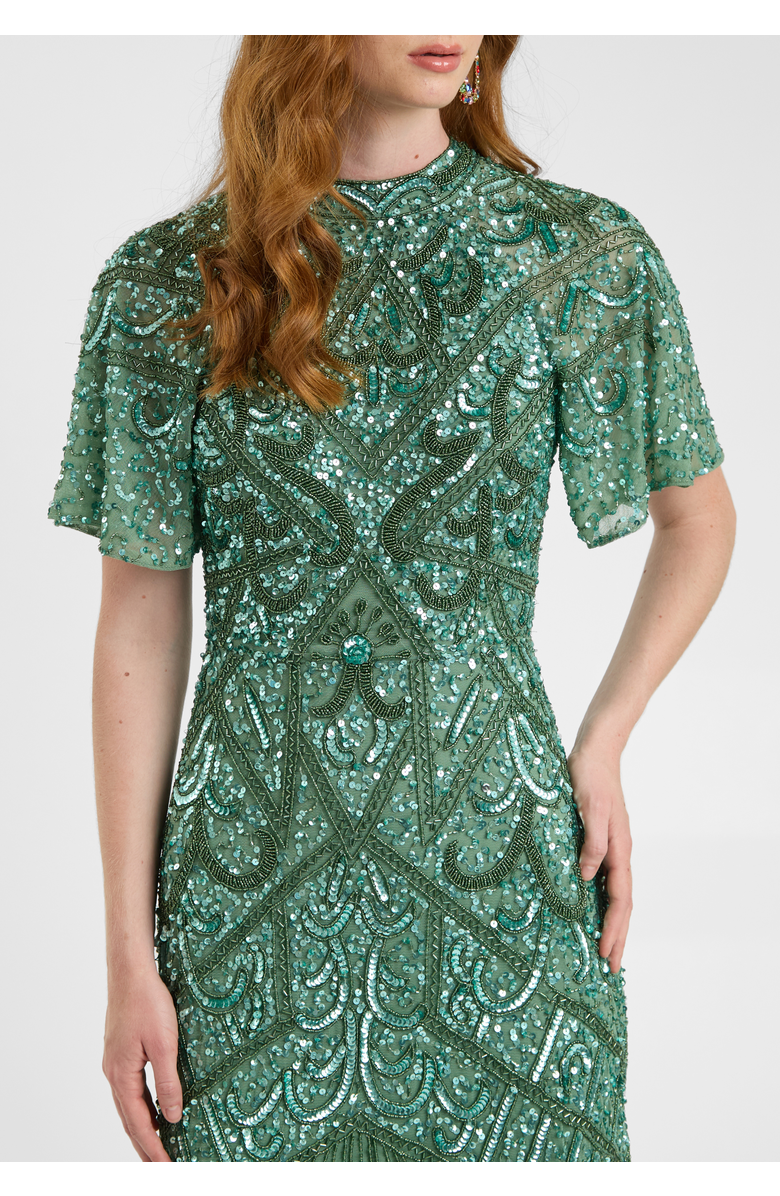 BEAUUT Embellished Sequin Beaded With Short Flutter Sleeves Maxi Dress, Alternate, color, Green