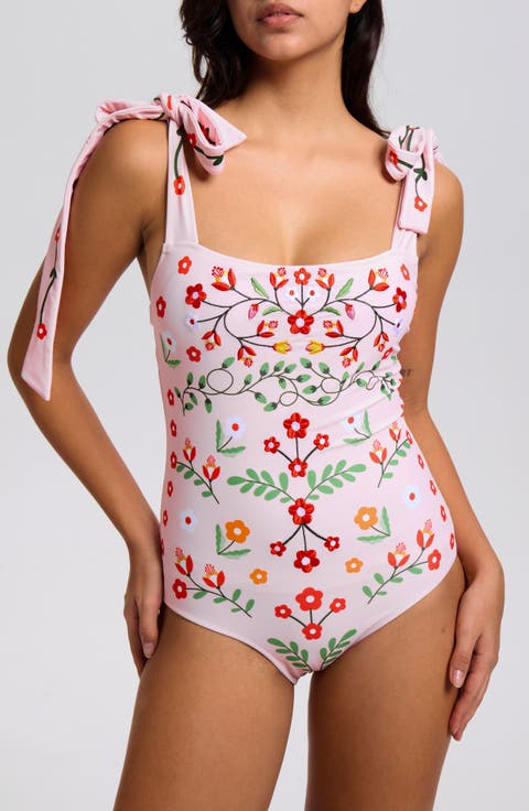 Pink Floral Harmony Embroidered Swimsuit