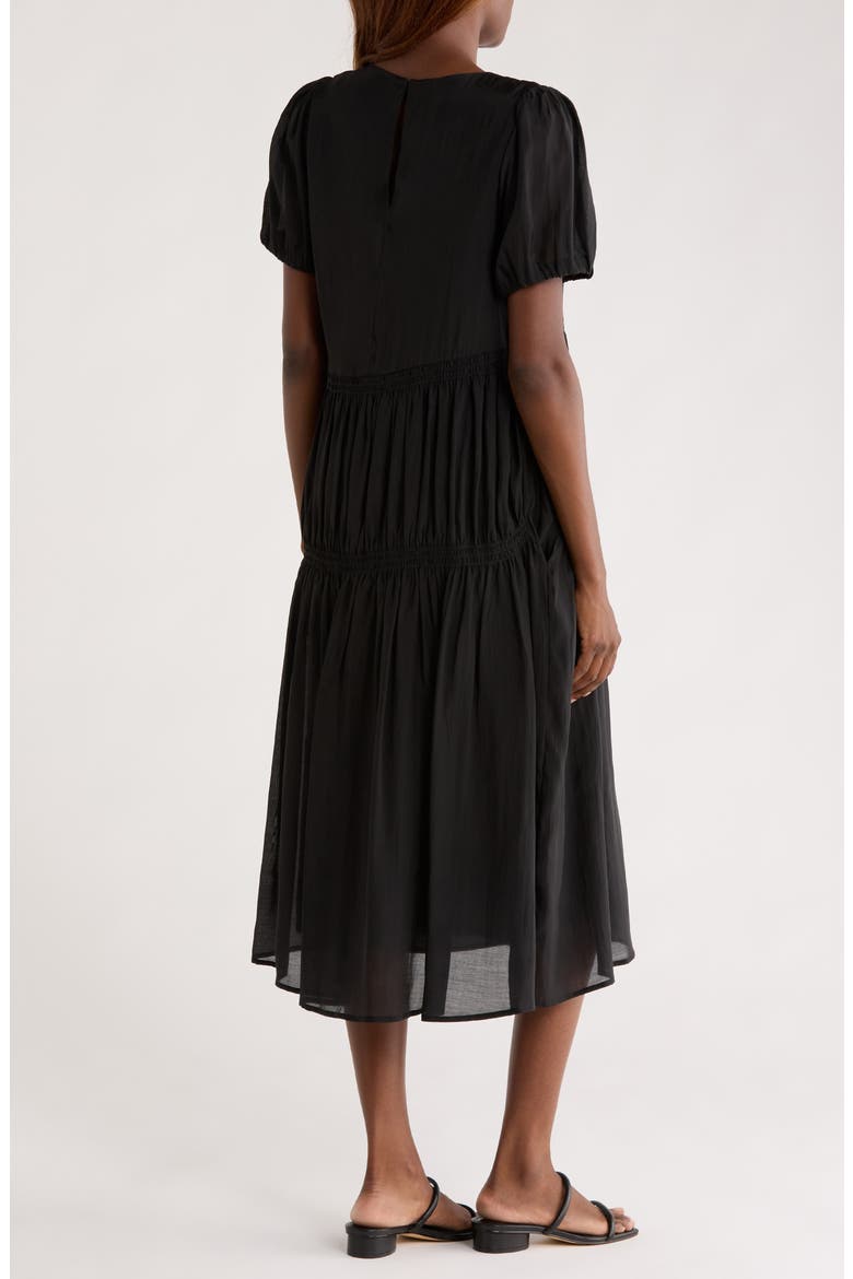 Puff Sleeve Smocked Tiered Midi Dress, Alternate, color, BLACK