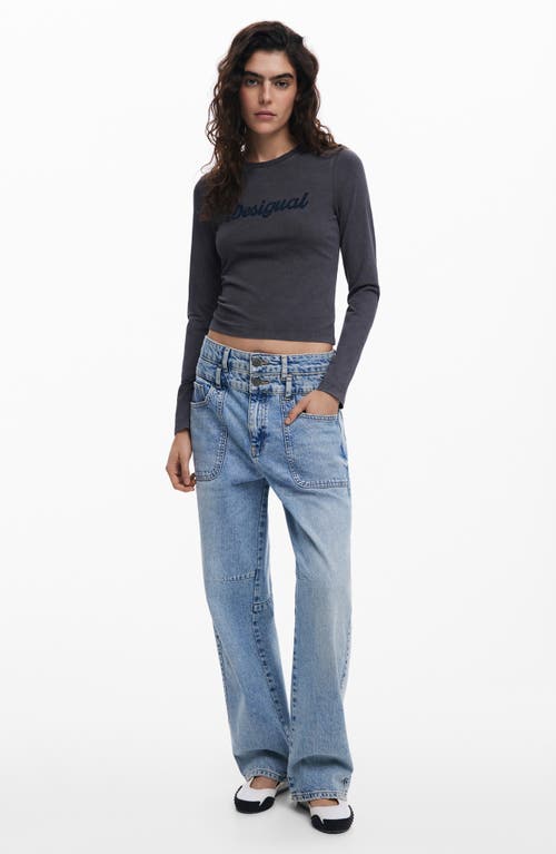 Desigual Logo Long Sleeve Cotton Graphic T-shirt In Blue
