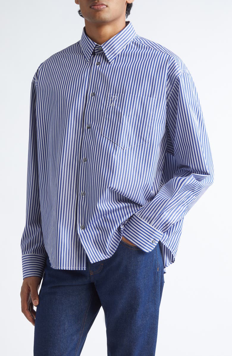 AMI PARIS Boxy Fit Ami de Coeur Stripe Cotton Poplin Button-Up Shirt, Main, color, Bleu Roi/ Blanc/ Noir