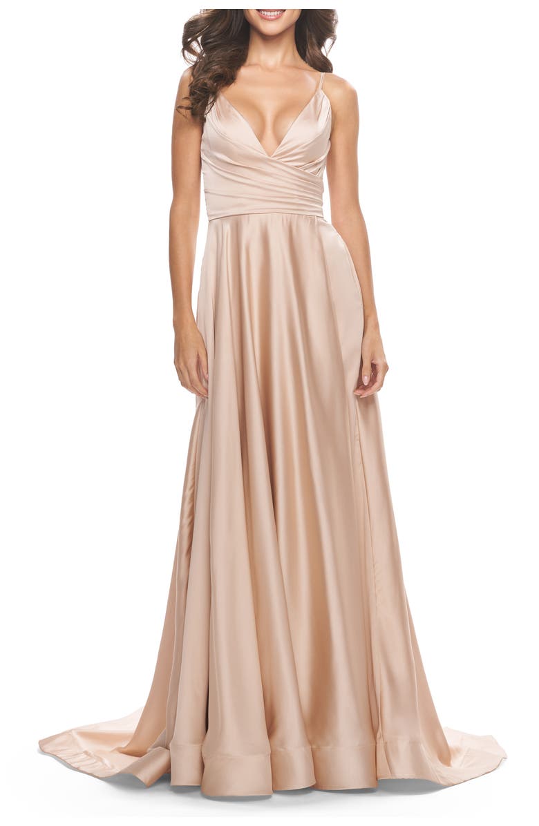 La Femme Long Satin Dress with Side Slit and V Shaped Back, Alternate, color, Beige