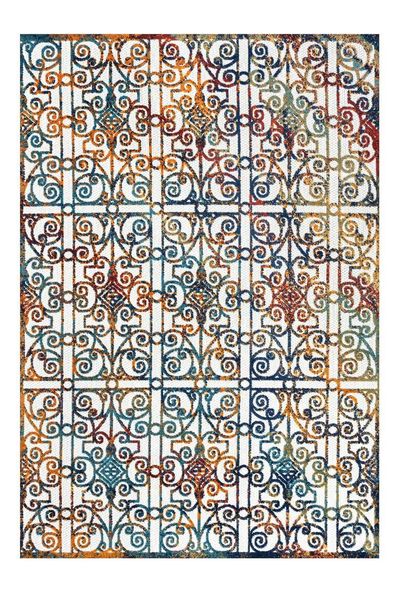 Cetara Ornate Trellis Indoor/Outdoor Area Rug, Main, color, Cream/Blue/Orange