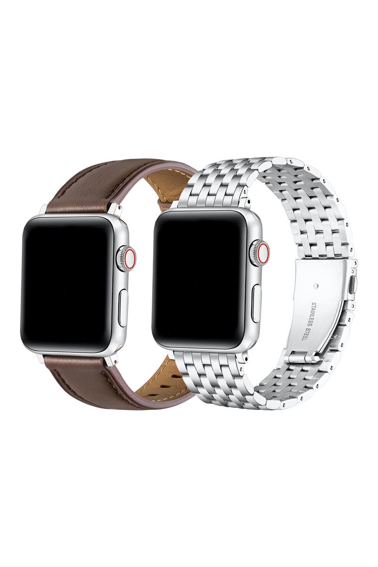 2-Pack Leather & Mesh Apple Watchbands, Alternate, color, BROWN/ SILVER