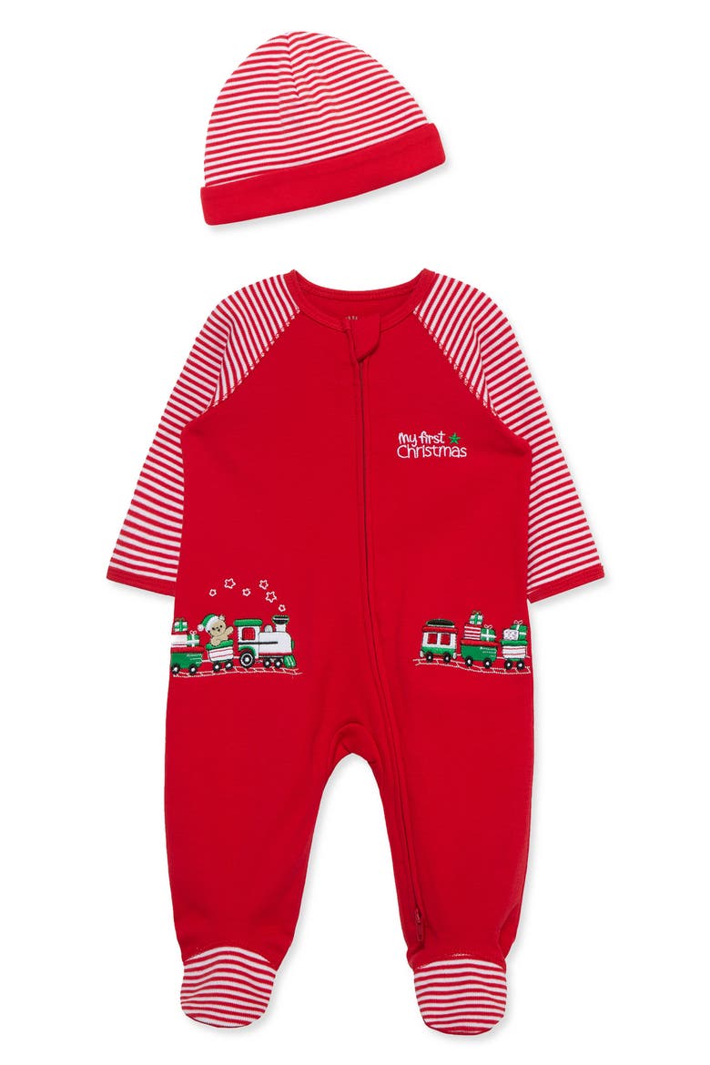 Kids' Holiday Train Footie & Hat Set, Main, color, RED