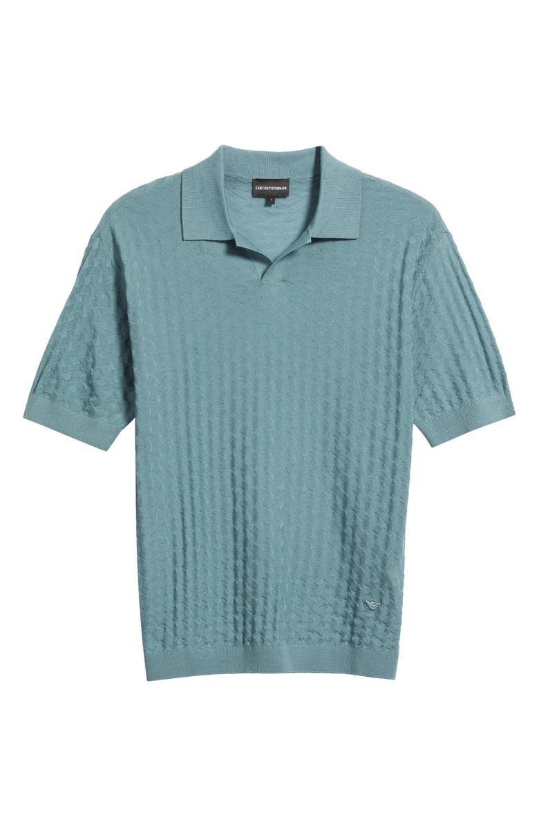 Emporio Armani Basket-Weave Stitch Johnny Collar Virgin Wool Polo Sweater, Alternate, color, Teal