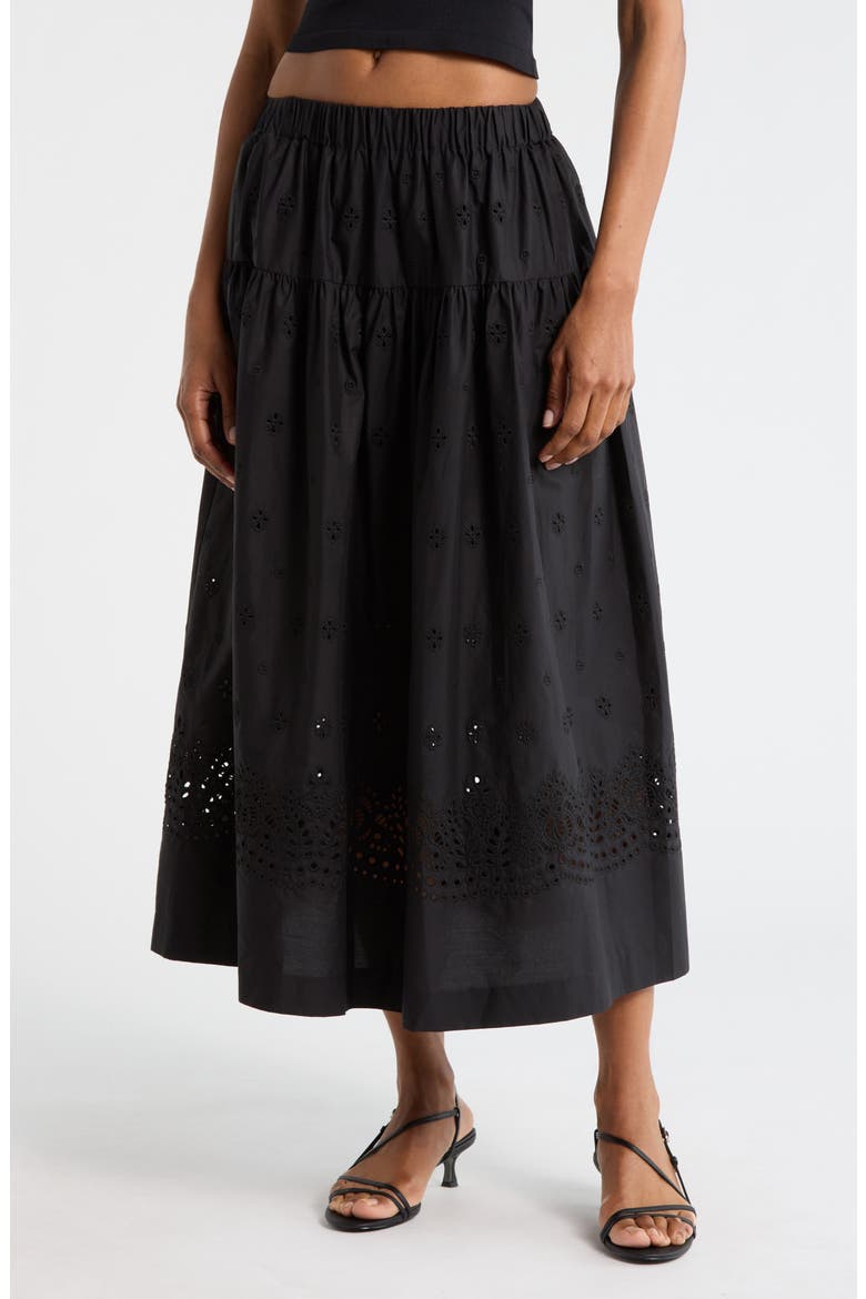 Jay Eyelet Embroidered Cotton Midi Skirt, Main, color, BLACK