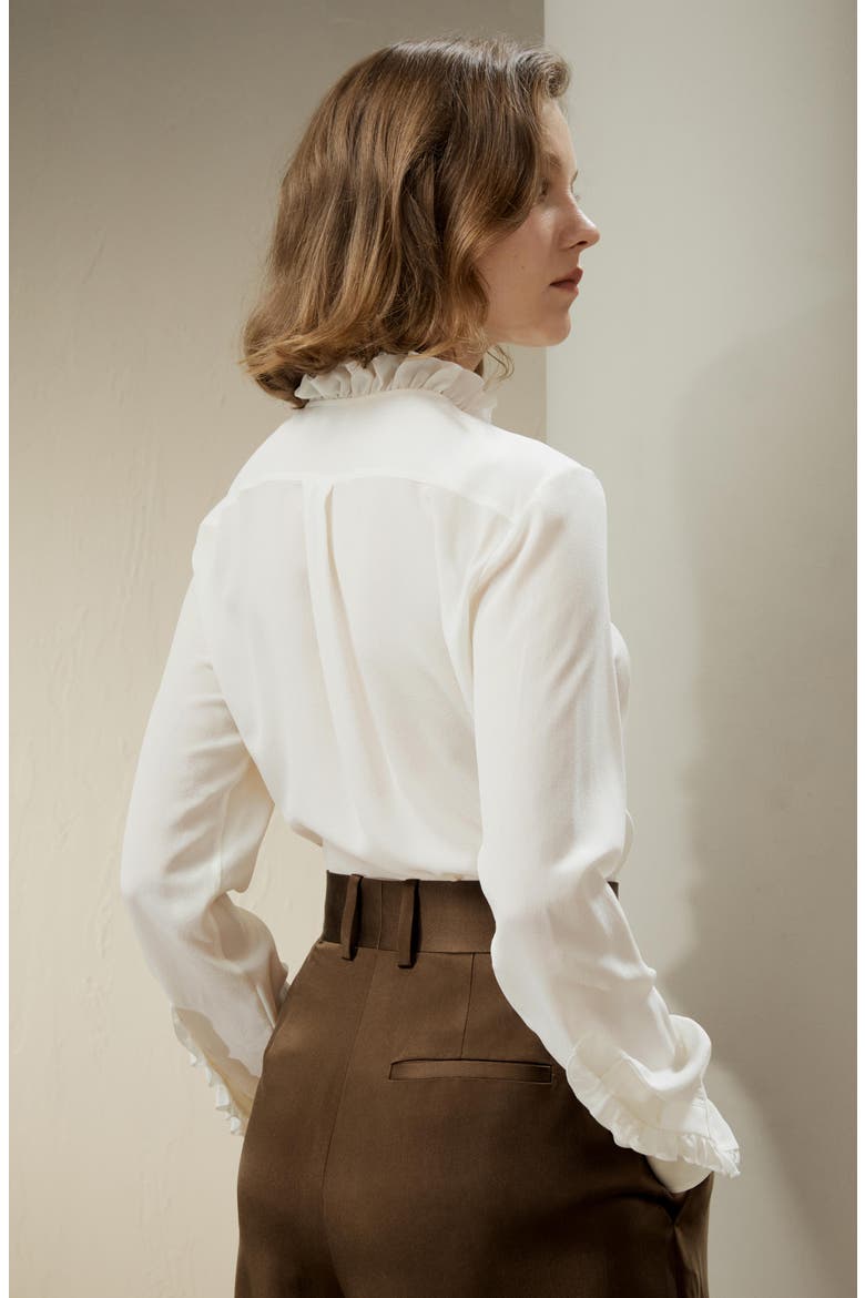 Crêpe de Chine Silk Blouse with Ruffle Edge, Alternate, color, Natural white