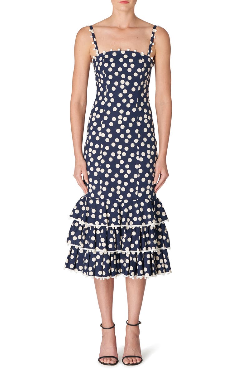 Carolina Herrera Polka Dot Tiered Ruffle Stretch Cotton Dress, Main, color, 