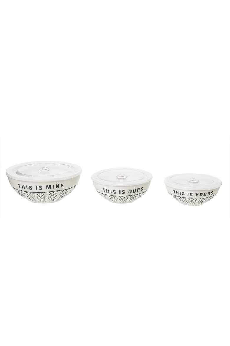 Yours/ Ours/Mine Bowls w/ Lid Set of 3 Ceramic White, Main, color, White