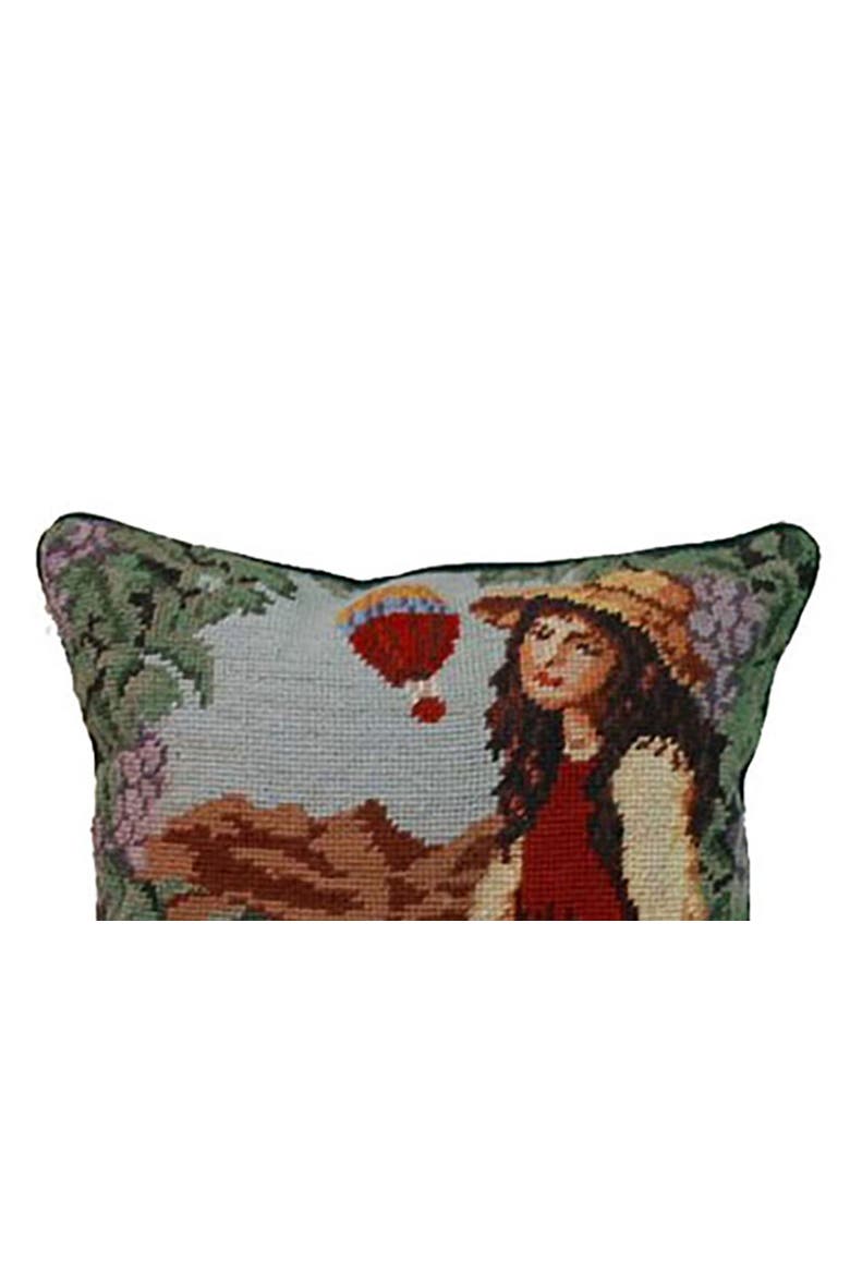 French Harvest Girl Needlepoint Wool Blend Decorative Accent Pillow, Alternate, color, Blue