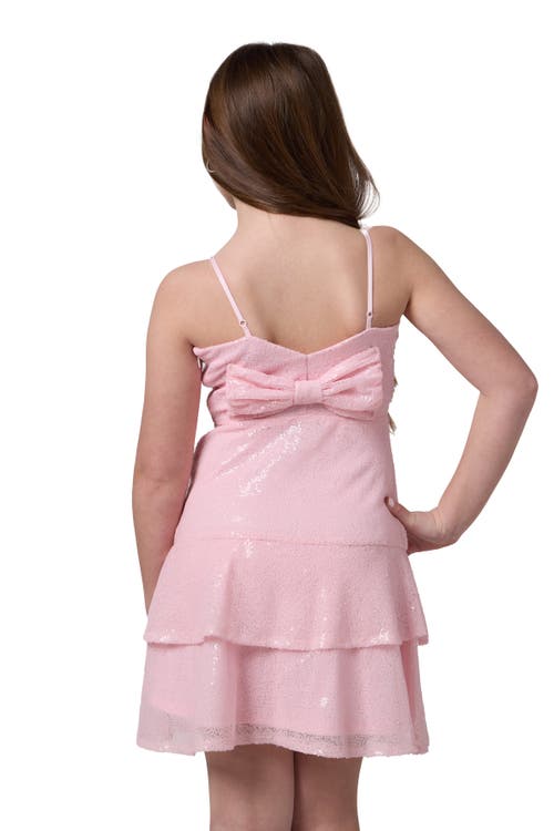 Un Deux Trois Sequin Bow Back Tiered Dress In Pink