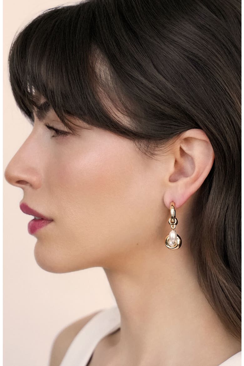 Faux Pearl Charm Huggie Hoop Earrings, Alternate, color, GOLD