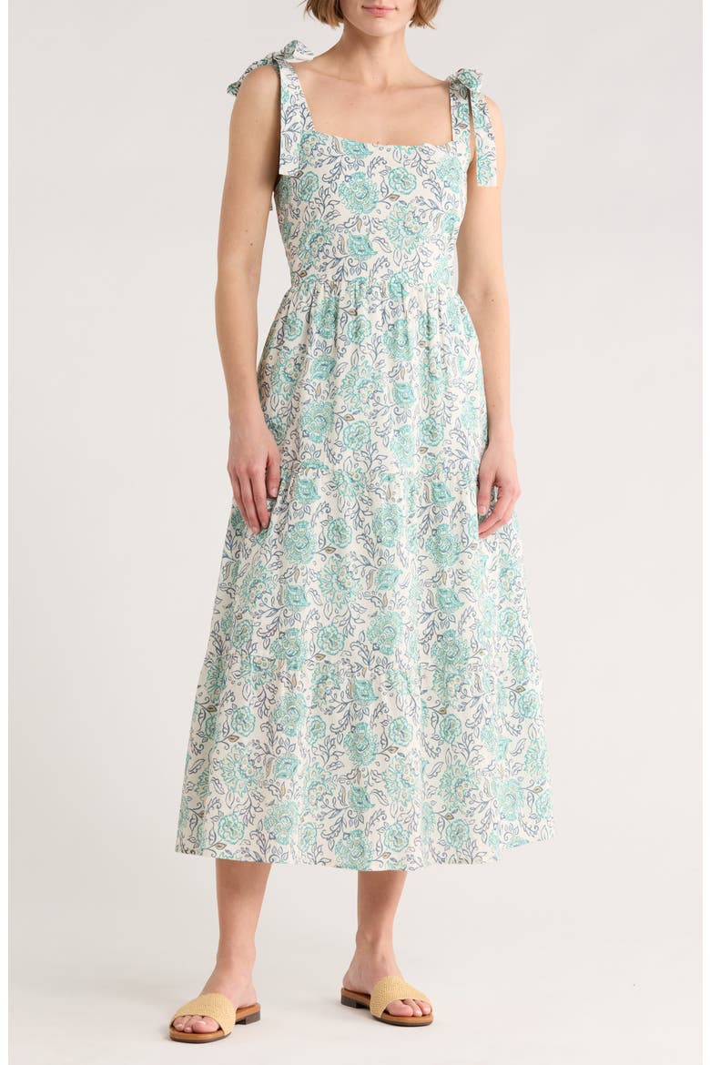Betty Tie Shoulder Tiered Midi Dress, Main, color, CREAM/ AQUA FLORAL