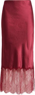 Open Edit Lace Trim Satin Midi Skirt