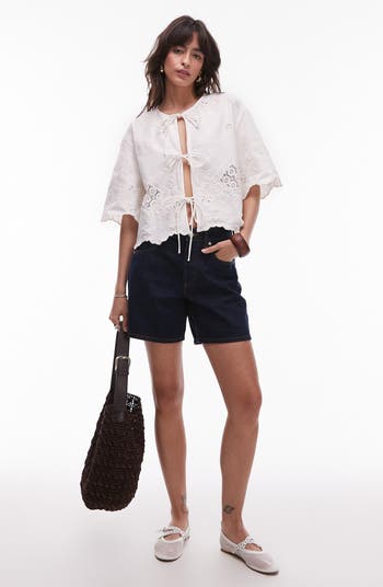 Cutwork Embroidered Eyelet Tie Front Cotton Shirt