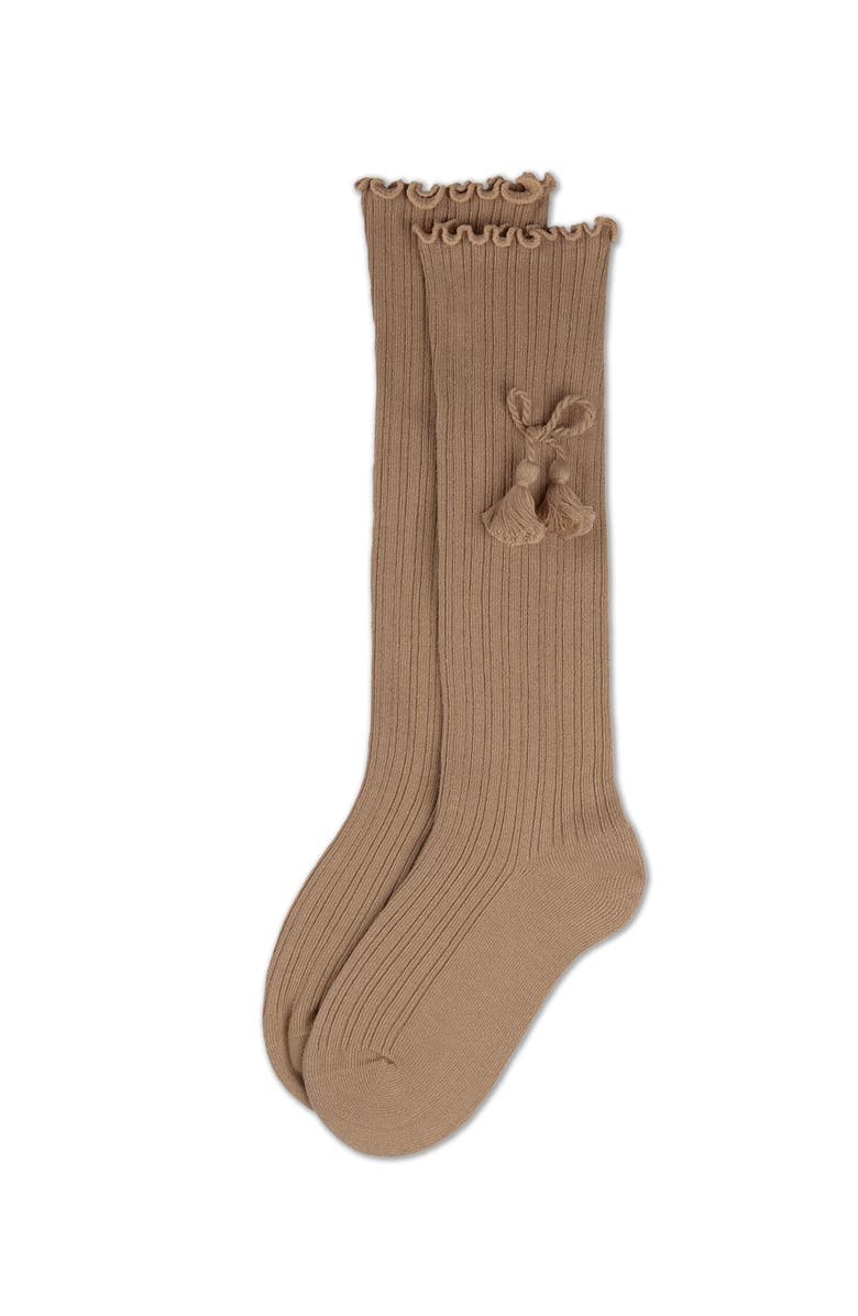 MeMoi Tassle-Bow-Trimmed Lettuce Edge Knee High Sock, Alternate, color, Latte