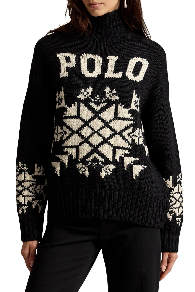 Snowflake Stretch Wool Turtleneck Sweater, Main, color, BLACK MU