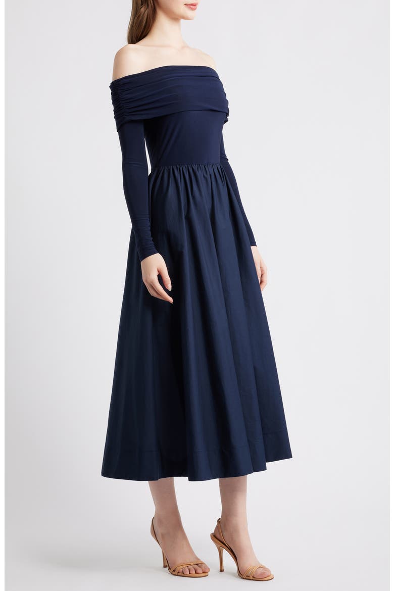 Off the Shoulder Long Sleeve Mixed Media Dress, Alternate, color, NAVY