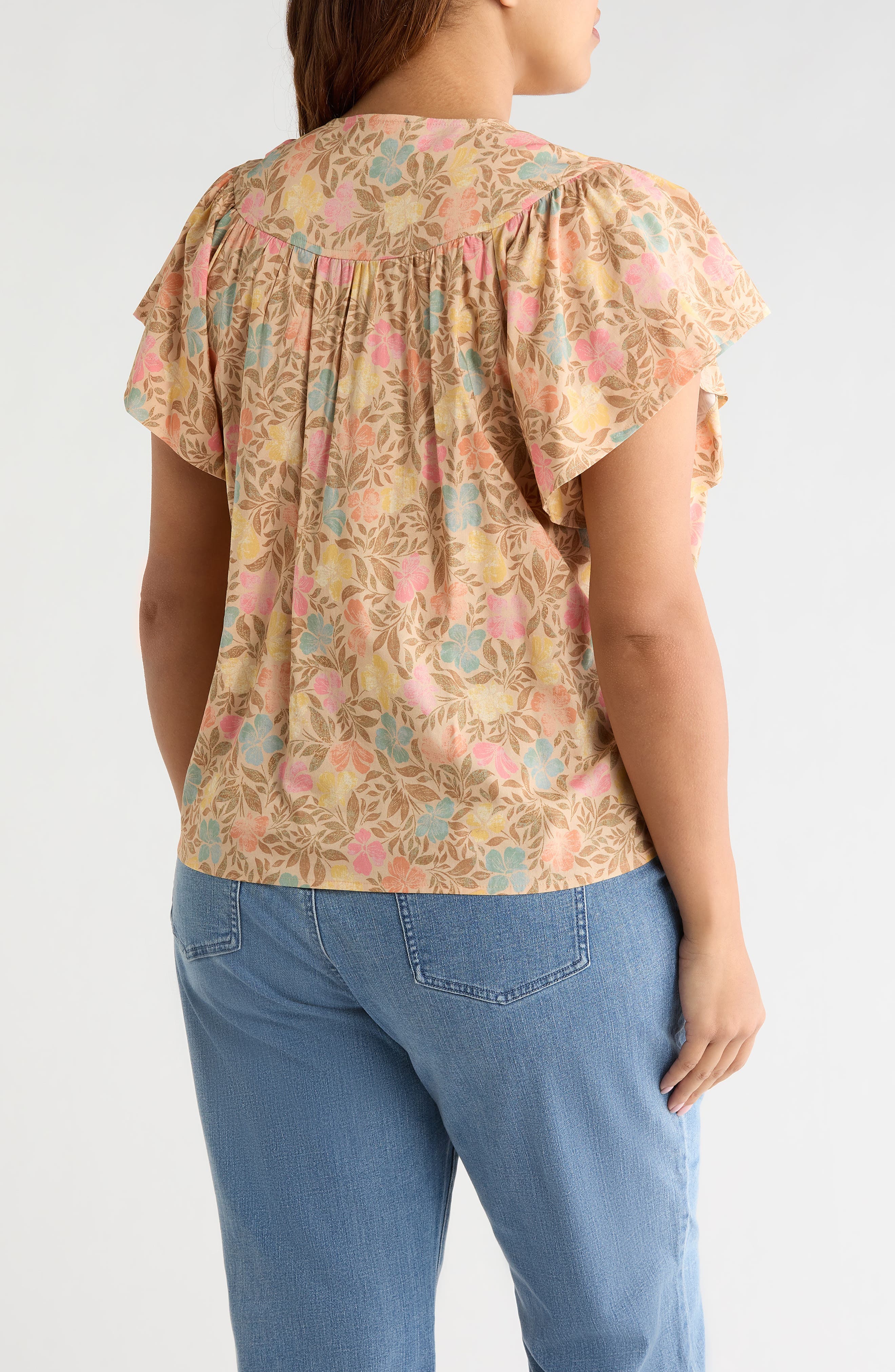 Floral Flutter Sleeve Quarter Zip Top - image 2