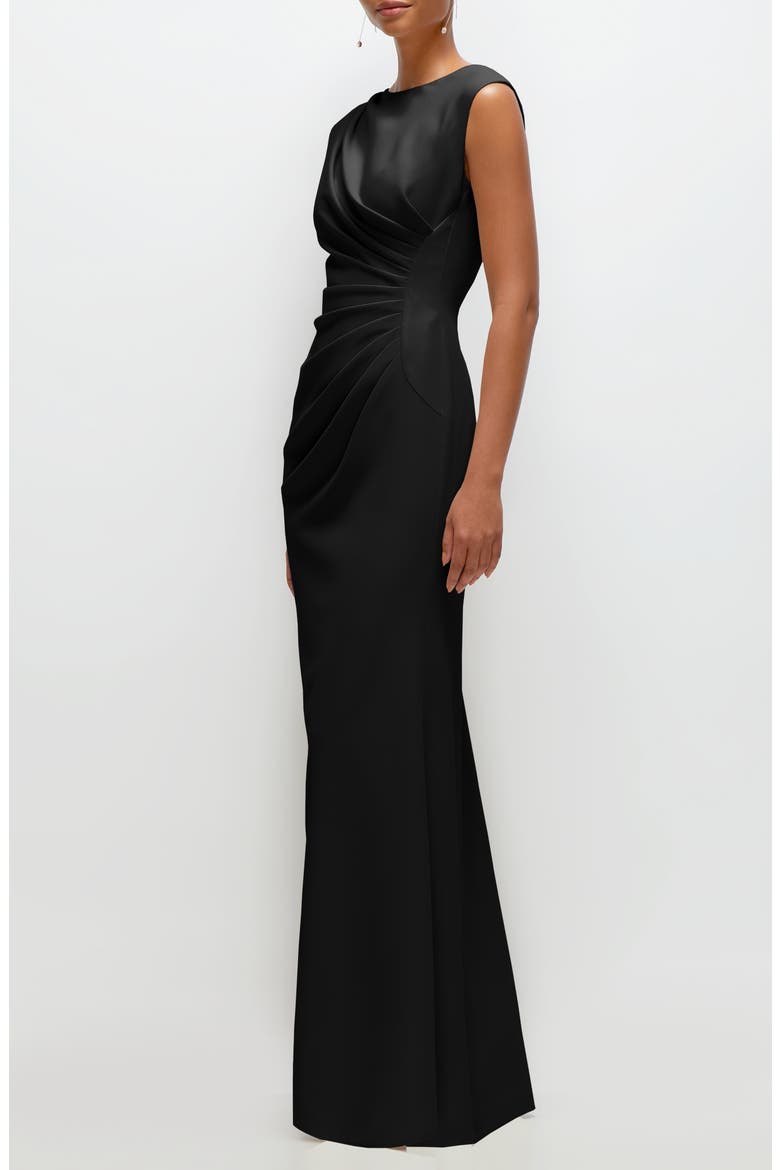 Ruched Cap Sleeve Crepe Trumpet Gown, Alternate, color, BLACK