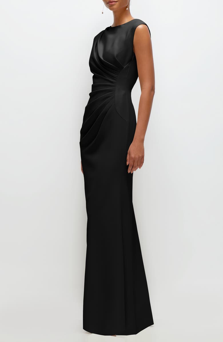 After Six Ruched Cap Sleeve Crepe Trumpet Gown, Alternate, color, Black