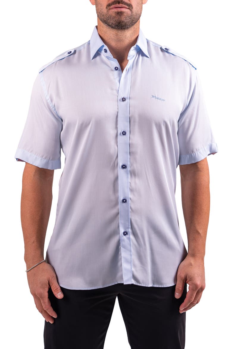 Munich Resistance0175 Blue Short Sleeve Button-Up Shirt, Main, color, BLUE