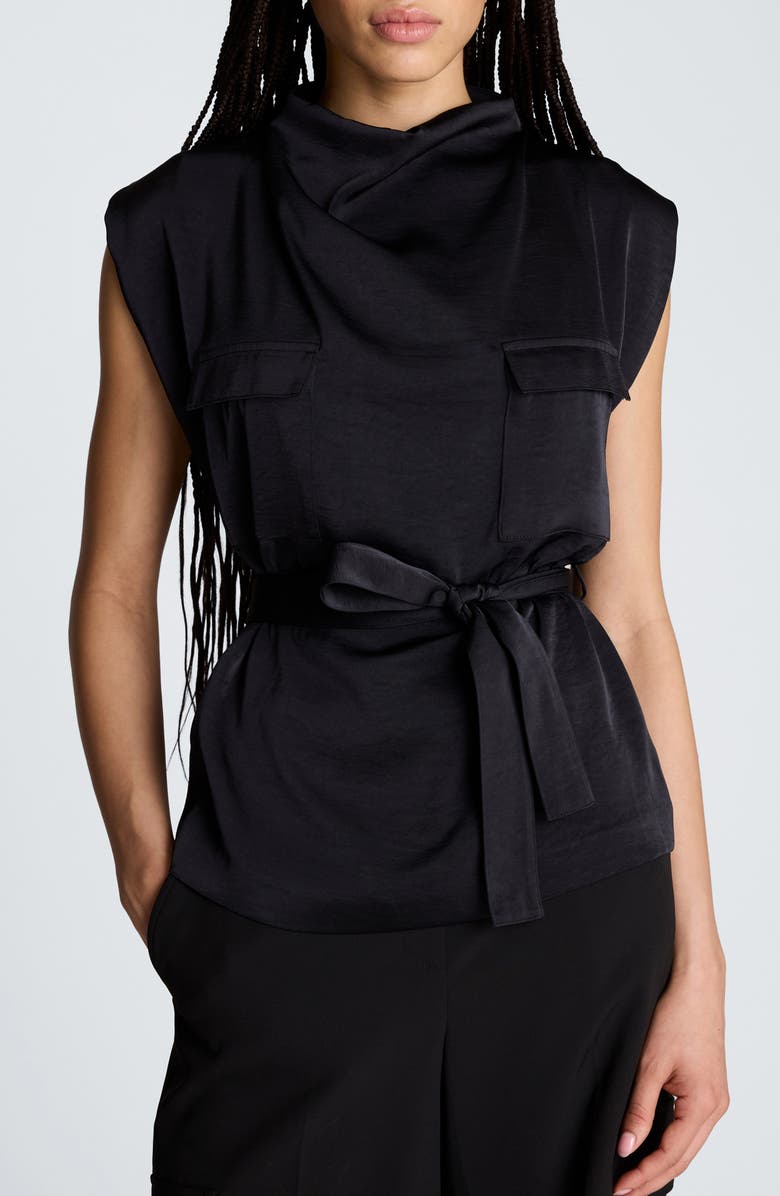 Kenneth Cole Cowl Neck Hammered Satin Top, Main, color, Black
