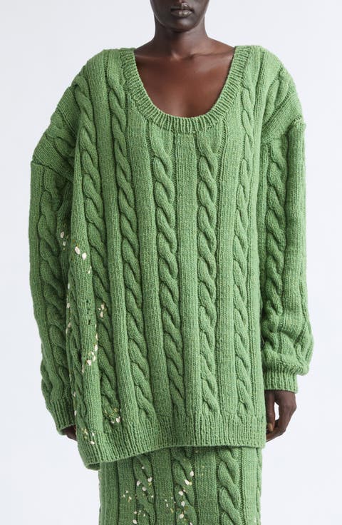 Distressed Cable Knit Wool Sweater
