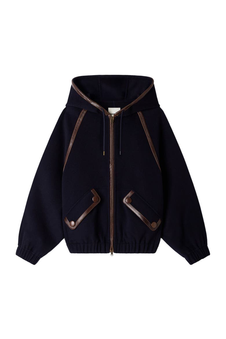 Hooded wool and leather coat, Alternate, color, Navy blue