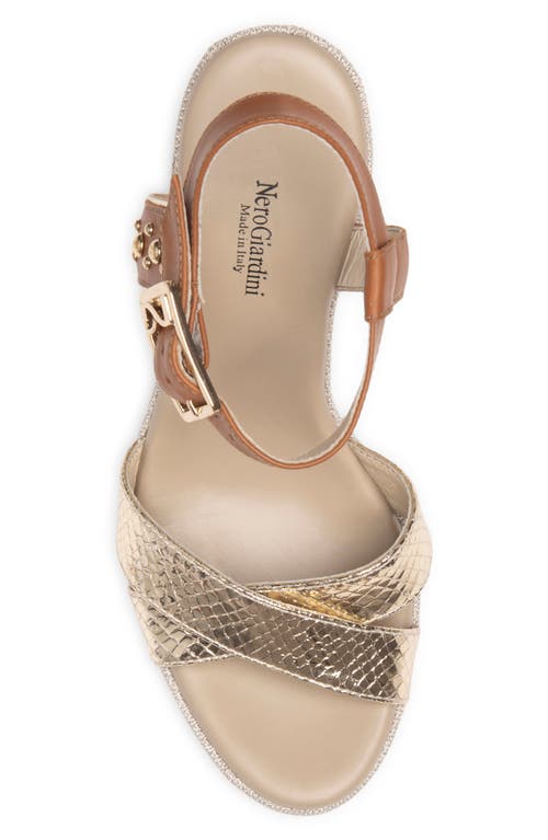 Nerogiardini Metallic Platform Wedge Sandal In Cognac/gold