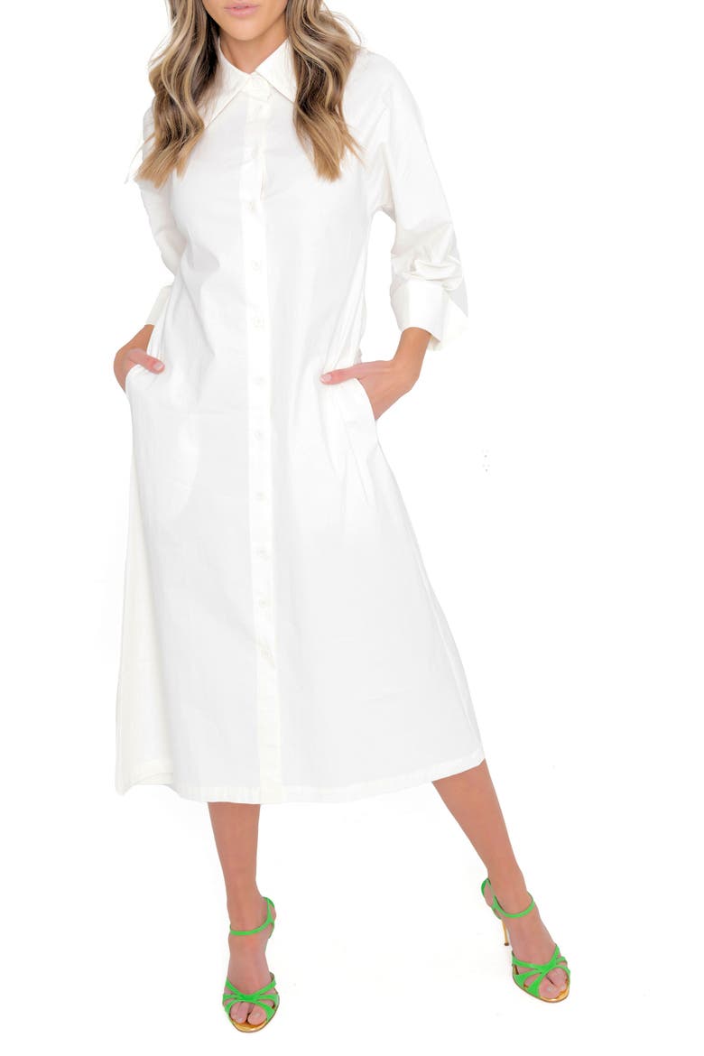 Oversize Long Sleeve Stretch Organic Cotton Shirtdress, Main, color, WHITE