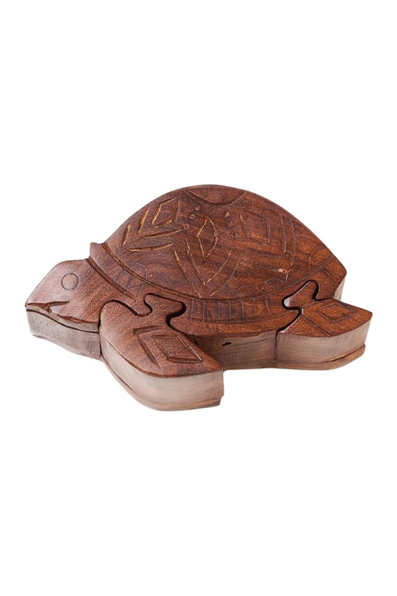 Sea Turtle Puzzle Box - Sustainably Sourced Hand Carved Wood, Main, color, Brown