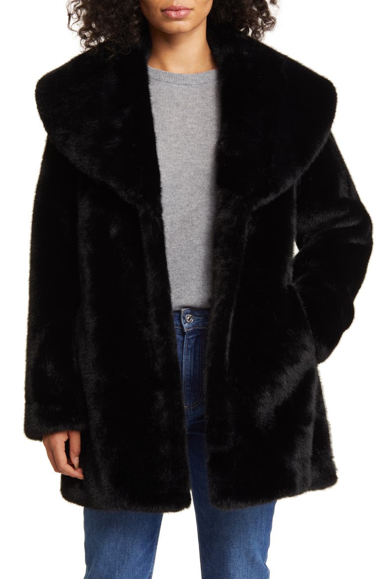Shawl Collar Faux Fur Jacket, Alternate, color, BLACK