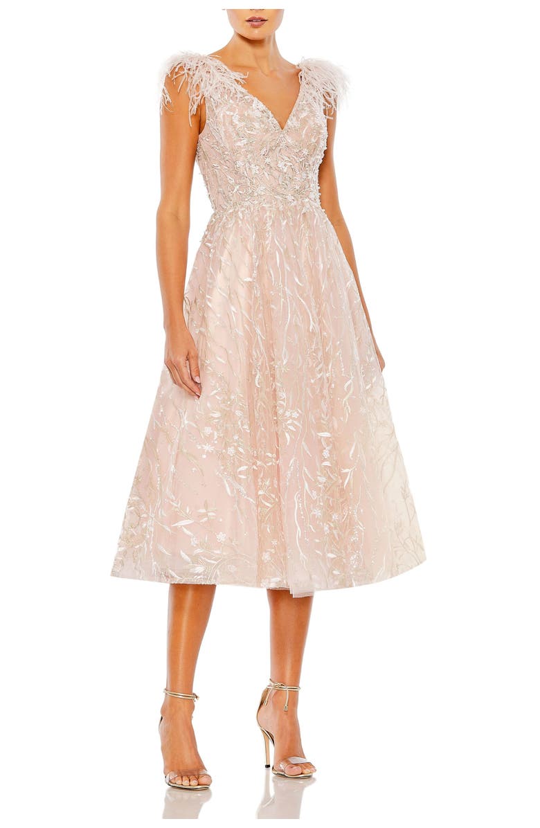 Mac Duggal Embroidered Sleeveless Feather Detail Midi Dress, Main, color, Pink