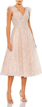 Mac Duggal Embroidered Sleeveless Feather Detail Midi Dress